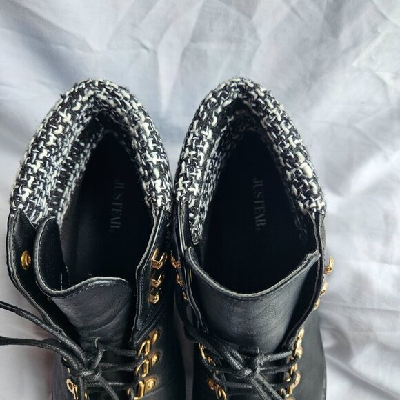 JustFab Women’s Rayln Lace-Up Black Chunky Boot‎ 90’s Fashion Shoes Plaid Detail - Picture 6 of 11